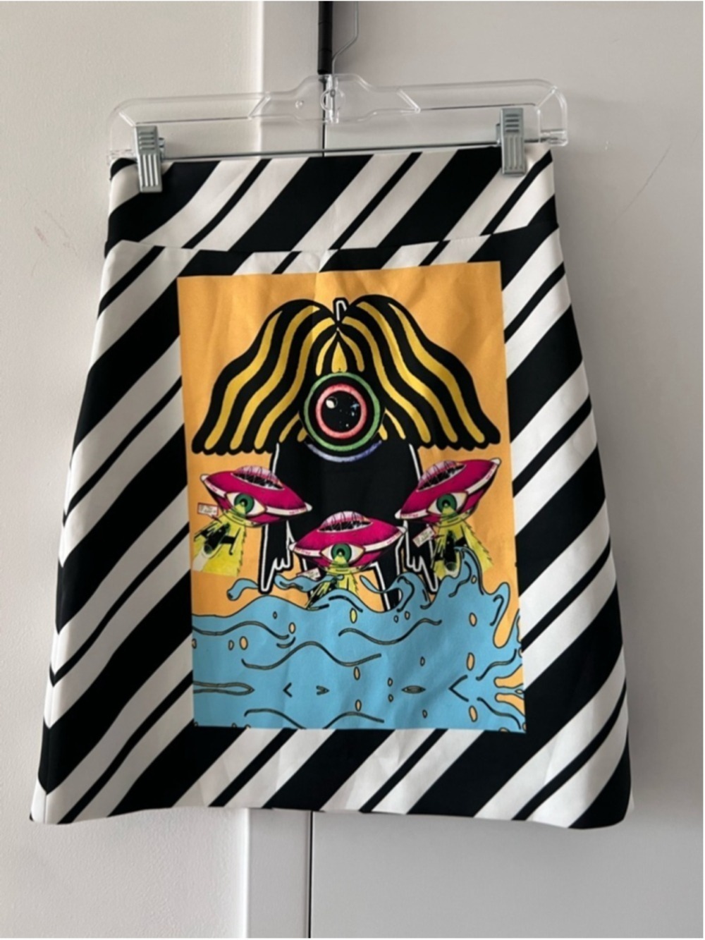NWT Black White Stripe Graphic Print A-Line Mini Skirt Alien Eye Mushroom Y2K S